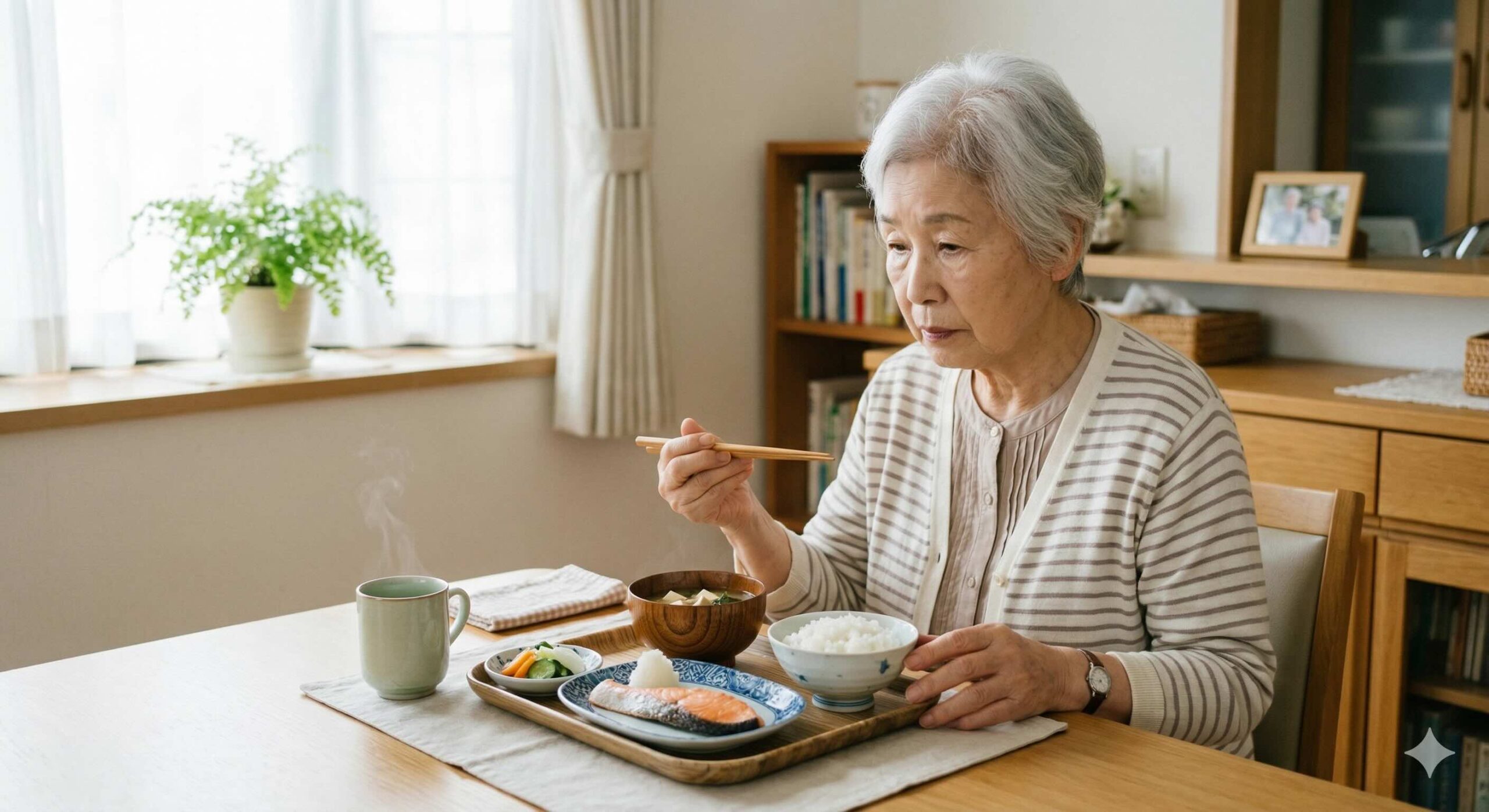 食事に食べにくさを感じ、少し困った様子の高齢女性の画像